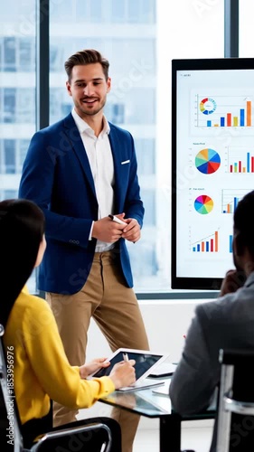 caucasian businessman presenting financial data on digital screen to diverse colleagues. asian woman with tablet. corporate meeting and strategy analysis.
