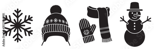 Collection of black silhouette icons featuring winter elements: a snowflake, a pom-pom hat with snowflake detail, mittens and scarf, and a snowman.