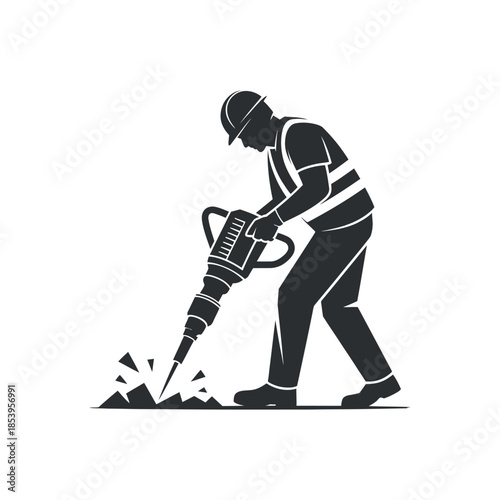 a black and white illustration depicts a construction worker operating a jackhammer breaking up pavement or concrete symbolizing labor and industrial work