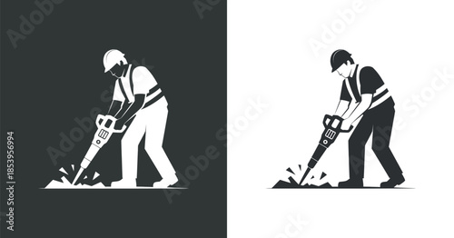 a graphic depiction of a construction worker using a jackhammer on a dark and light background showcasing a duality in design