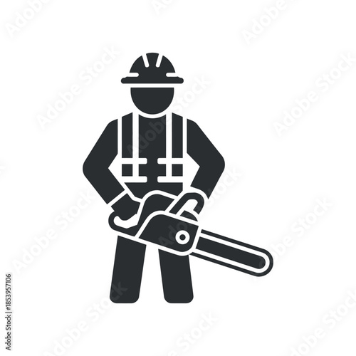 a simple black silhouette depicting a construction worker holding a chainsaw representing labor industry and potential danger high quality professional detailed