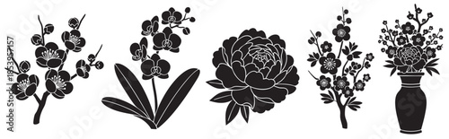 A clean black and white silhouette collection of various floral elements including blooming branches, orchids, a peony, and a vase arrangement.