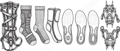 Detailed black and white line art illustrations of various footwear components including a leg brace, patterned sock, ribbed sock, zippered bootie, shoe insoles, and ice cleats.