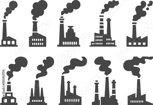 Ten Dark Grey Silhouettes of Factories with Varying Smoke Patterns factory industrial