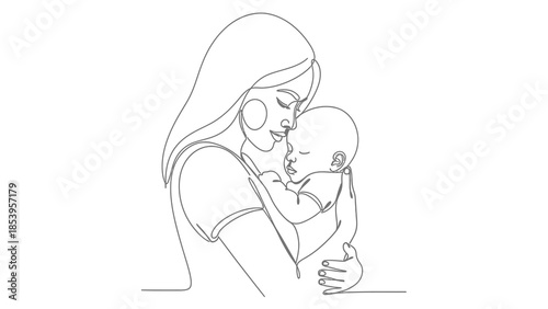 A minimalist continuous line art drawing of a mother tenderly holding her sleeping baby, depicting love and maternal bond.