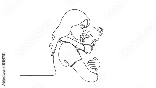 A continuous line drawing depicting a mother tenderly embracing her sleeping child, symbolizing love and maternal bond.