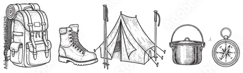 A charming hand-drawn sketch depicts essential camping equipment including a backpack, hiking boot, tent, cooking pot, and compass laid out against a white background.