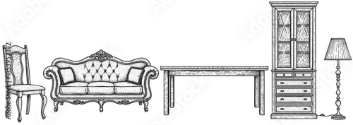 A classic black and white line art illustration showcasing a set of vintage furniture including a tufted sofa, ornate chair, dining table, cabinet, and floor lamp, ideal for interior design concepts.