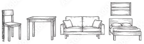 A minimalist, hand-drawn line art sketch featuring a chair, table, sofa, and bed, perfect for design mockups or concept illustrations.