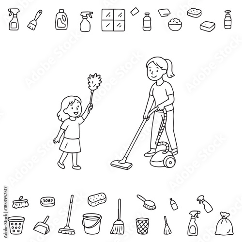 Mother and Daughter Cleaning Together Vector Illustration