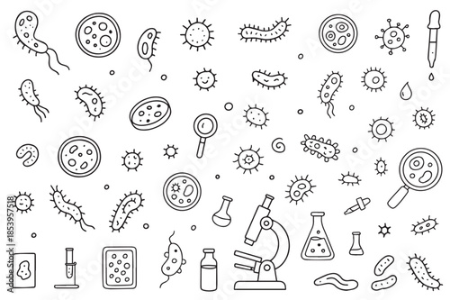 Microorganisms Vector Illustration with Scientific Tools