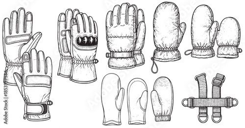 A detailed illustration of various winter gloves and mittens in a hand-drawn sketch style, showcasing different designs and textures for cold weather protection.