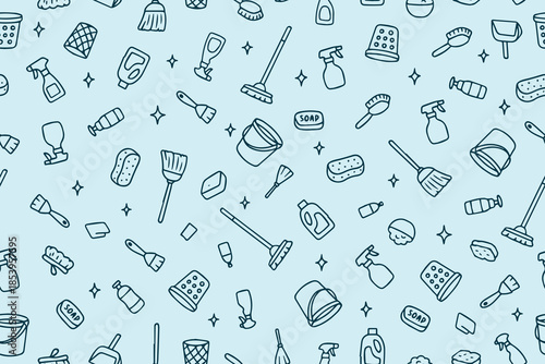 Vector illustration of a seamless pattern featuring various cleaning supplies such as brooms, mops, and spray bottles. Ideal for backgrounds, wallpapers, or textile designs.