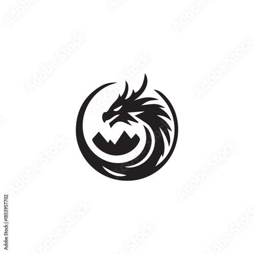 Black dragon head in a circular emblem symbol with mountains