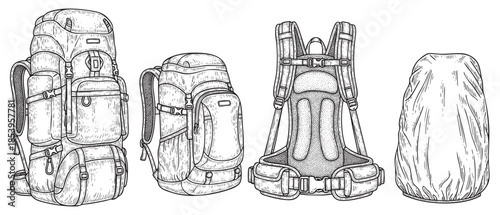 An illustration depicts four backpacks of varying sizes and designs, including a large hiking pack, a medium-sized pack, a detailed back view of a pack's harness, and a rain cover.
