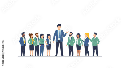 Illustration of a diverse group of business professionals standing in a line with one man gesturing in the center against a plain white background with a professional mood.