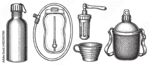 A detailed ink illustration showcases a collection of vintage camping gear, including a metal water bottle, collapsible water bag, water filter, and cup, presented on a white background.