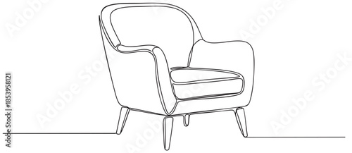 A minimalist single line drawing depicts a comfortable armchair with a rounded back and tapered legs, rendered against a clean white background.