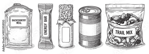 Vintage illustration style depiction of packaged backcountry meal, energy bar, trail mix and a tin can, showcasing essential food items for outdoor activities.