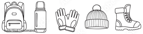 A collection of winter clothing and accessories including a backpack, thermos, gloves, hat, and boot, depicted in clean line art on a white background.
