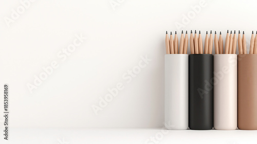 Set of wooden pencils arranged in color holders on white desk. Minimalist stationery supplies background for office organization, school education, and art creativity workspace