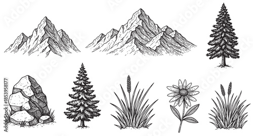 A vintage style hand-drawn illustration collection featuring rugged mountains, pine trees, a large rock, grass, and a flower against a white background.