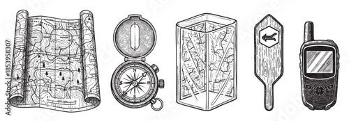 A collection of vintage-style black and white illustrations of navigational tools including a topographic map, compass, GPS device, and trail sign, perfect for adventure or travel concepts.