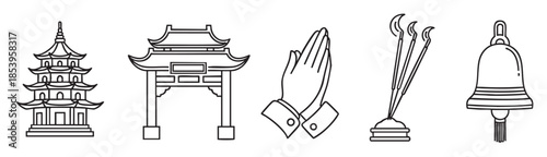 A collection of simplified line art icons representing East Asian culture, including a pagoda, torii gate, praying hands, incense sticks, and a bell, ideal for traditional themes.