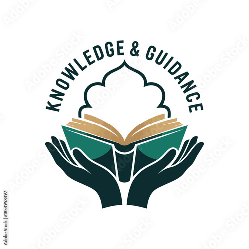 Abstract vector of hands holding an open book beneath an ornate arch, symbolizing a path to profound knowledge and spiritual guidance and enlightenment