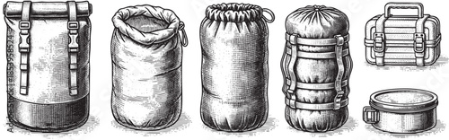A detailed, vintage-style pen and ink illustration showcases a collection of camping bags, duffel bags, and a food tin arranged on a white background, evoking a sense of adventure.
