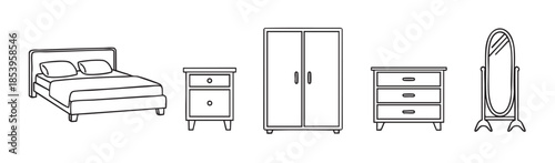 A clean and simple line art collection featuring essential bedroom furniture pieces, including a bed, nightstand, wardrobe, dresser, and mirror, presented on a white background.