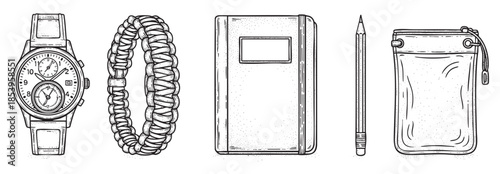 A collection of essential items including a watch, bracelet, notebook, pencil, and pouch, rendered in a vintage line art style with stippling textures against a white background.