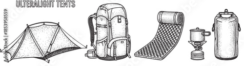 Black and white illustration of essential ultralight backpacking gear, including a tent, backpack, sleeping pad, stove, and water bottle, perfect for outdoor adventure themes.