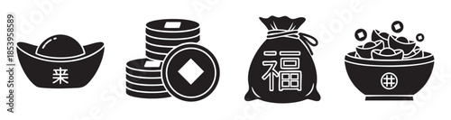 Silhouette icons representing Chinese New Year wealth and fortune, including gold ingots, coins, lucky bags, and treasure bowls, conveying prosperity and good luck.