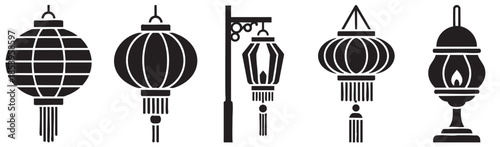 A collection of five diverse black silhouette vector illustrations of traditional Asian lanterns, including hanging and street-mounted styles, suitable for cultural and decorative themes.