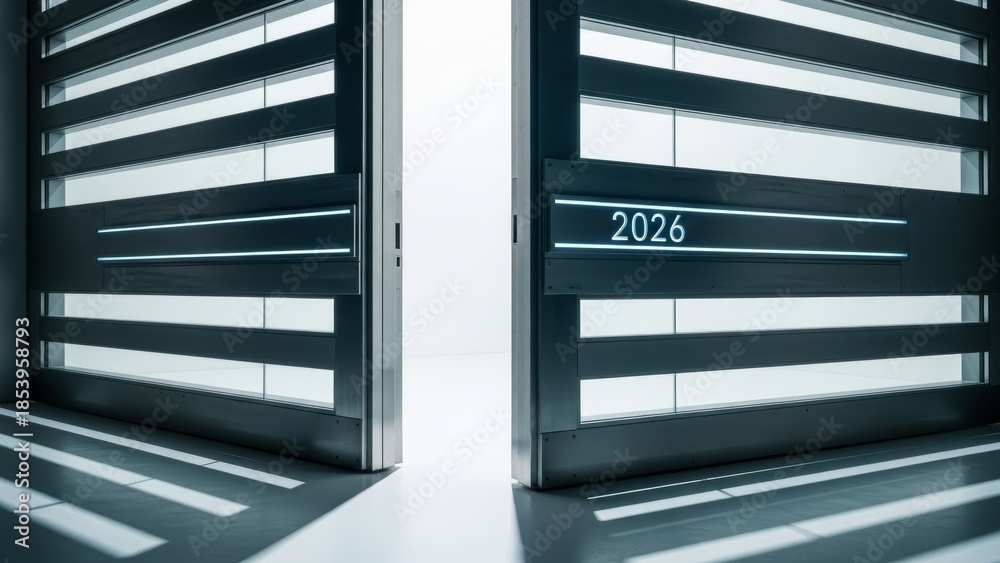 Obraz premium Modern sliding doors with neon lights and the number 2026, creating a futuristic feel.