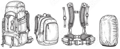 Collection of hand-drawn backpacks and hiking gear illustrations in a vintage style, perfect for travel or outdoor adventure themes.