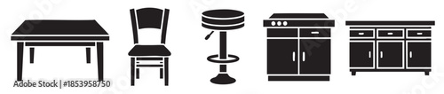 A collection of black silhouette icons representing various furniture pieces including a table, chair, stool, cabinet, and dresser on a white background.
