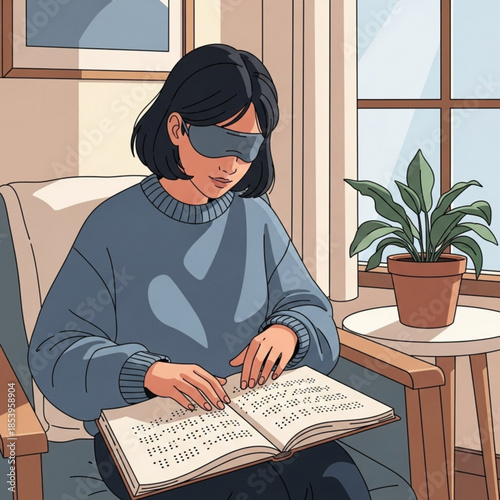 Blind woman reading braille book concept of accessibility and education cozy indoor scene with natural light