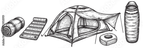 A vintage black and white illustration showcases camping essentials including a tent, sleeping bag, rolled sleeping mat, and a pillow, perfect for adventure and outdoor themes.
