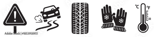 A collection of black and white icons representing winter driving essentials including a warning sign, a car skidding, a tire tread, gloves, and a thermometer.