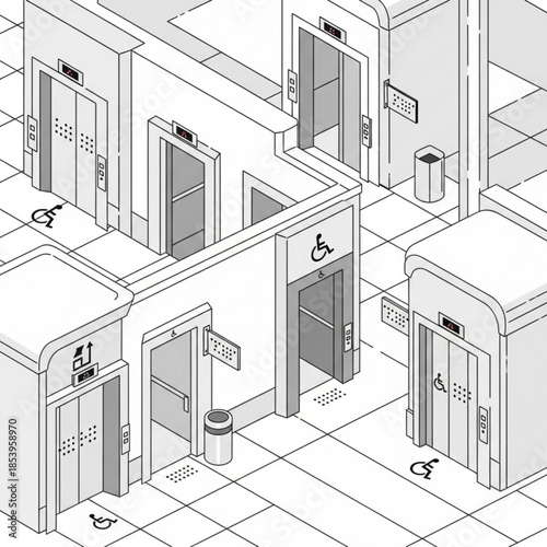 Isometric view of a modern elevator lobby with multiple doors accessibility symbols and clean lines perfect for architectural or business 
