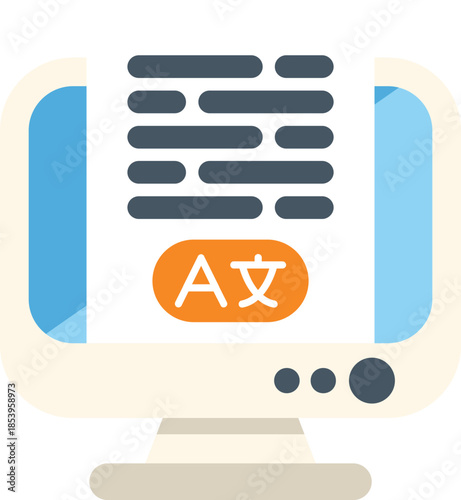 Computer translating text from one language to another with translation software icon