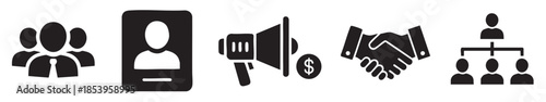 A collection of five minimalist black business icons representing teamwork, a profile, advertising, a handshake deal, and an organizational chart against a white background.