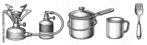 A black and white line drawing depicts camping equipment including a portable stove, fuel canister, cooking pot, metal mug, and fork, suitable for outdoor adventure themes.