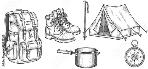 A detailed black and white sketch features essential vintage camping equipment including a backpack, hiking boots, a tent, trekking poles, a cooking pot, and a compass.