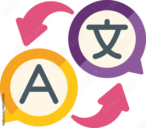 Speech bubbles with arrows translating english and chinese illustrating language learning or translation services