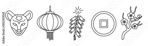 A collection of five simple black and white line art illustrations representing traditional Chinese New Year symbols including a tiger mask, lantern, firecrackers, coin, and plum blossom branch.