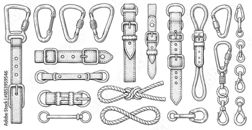 A vintage-style ink drawing features an assortment of carabiners, climbing hardware, leather straps, and rope knots, perfect for adventure or DIY projects.