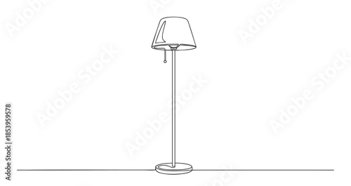 A minimalist floor lamp depicted in clean, continuous line art against a stark white background, evoking simplicity and modern interior design.